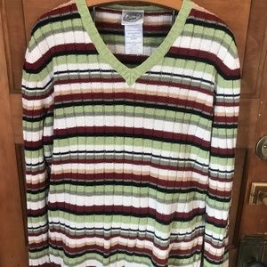 Y2K Laura Ashley linen blend V-neck striped ribbed Sweater L